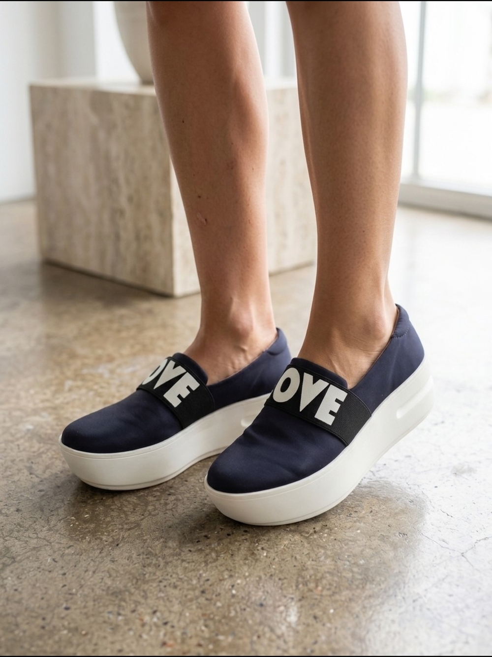 LOVE Strap Slip-On Platform Sneakers in Navy and White EU 38 US 7.5